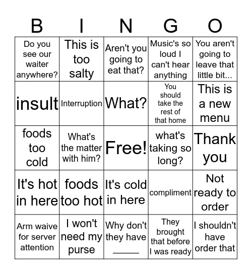 OUT TO EAT BINGO Card