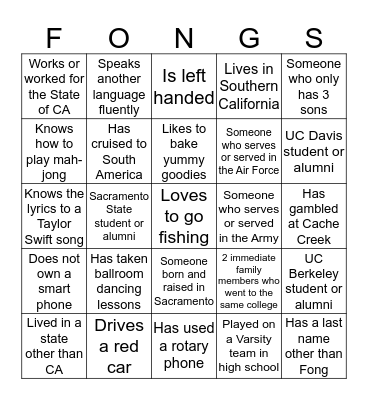 Fong Family Bingo Card