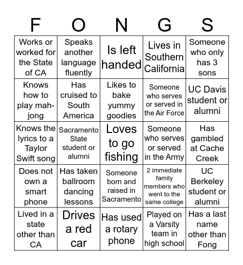 Fong Family Bingo Card