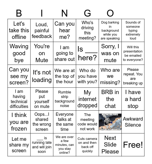 Phrases Heard In Virtual Meetings Bingo Card