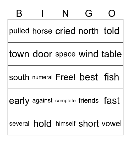 Sight Words Bingo Card