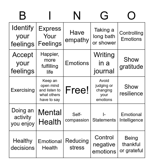 Mental and Emotional Health- 6th Grade Bingo Card