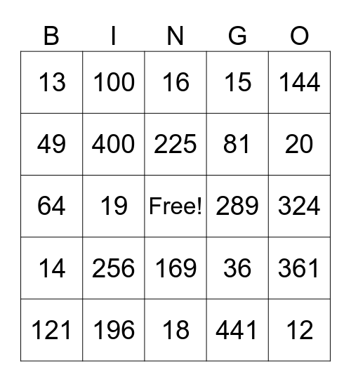 Perfect Squares Bingo Card