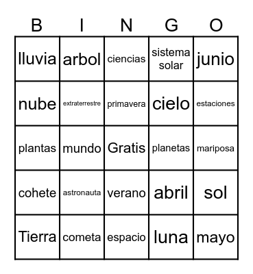 Spanish 1: Solar System and Science Bingo Card