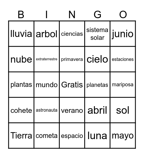 Spanish 1: Solar System and Science Bingo Card