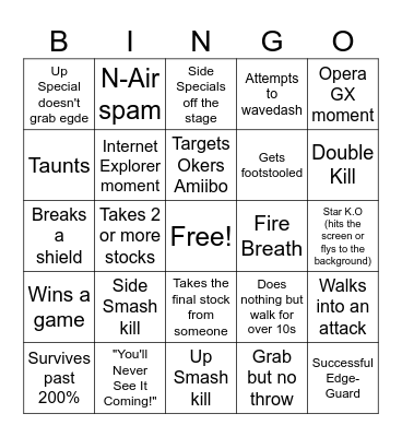 "Browser Bingo" (Bowser Super Smash Bros) Bingo Card