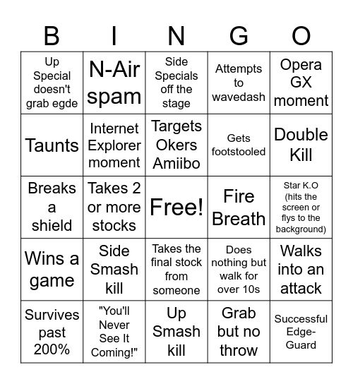 "Browser Bingo" (Bowser Super Smash Bros) Bingo Card