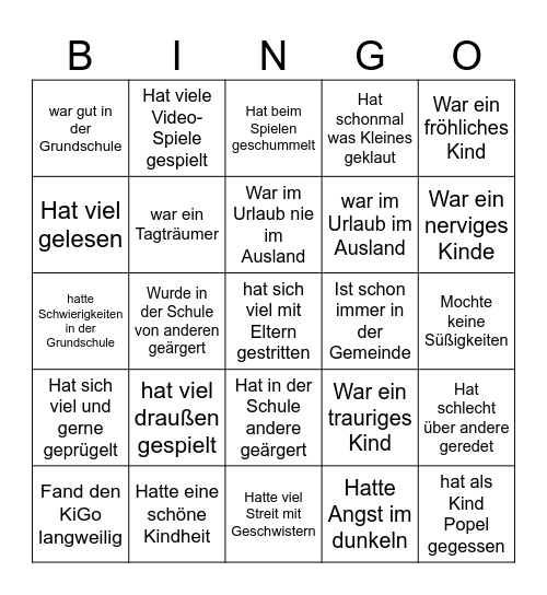 Kindheits - Bingo Card