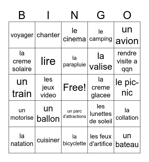 Ce qu'on aime faire en ete Bingo Card