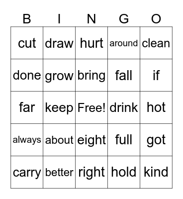 Dolch 3rd Grade A Bingo Card