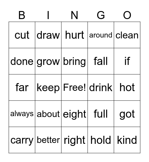 Dolch 3rd Grade A Bingo Card