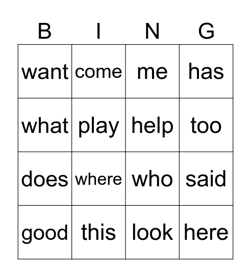 Sight Words Bingo Card