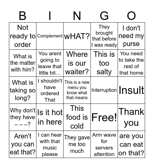 Out to eat bingo Card