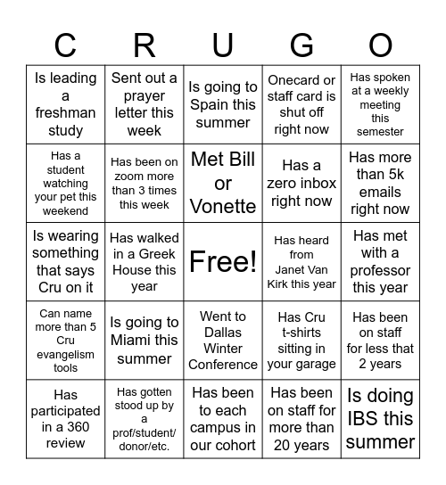 CRU Bingo Card
