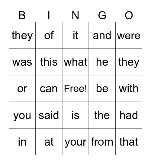 Most Common Words Bingo Card