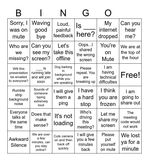 Phrases Heard In Virtual Meetings Bingo Card
