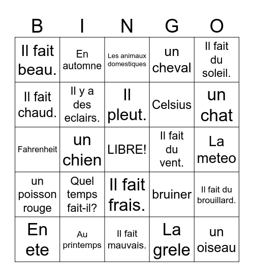 Vocabulaire 8A Bingo Card