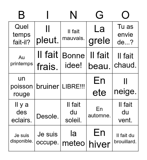 8a Vocabulaire Bingo Card