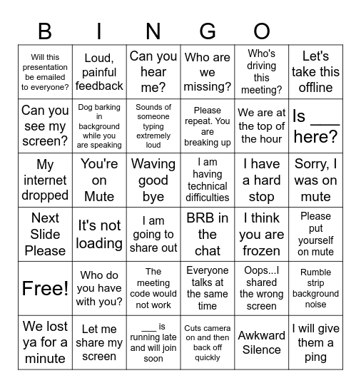 Phrases Heard In Virtual Meetings Bingo Card