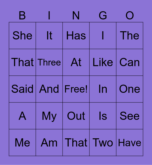 Sight Words Bingo Card