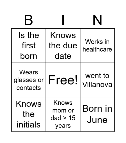 Baby Shower Bingo Card