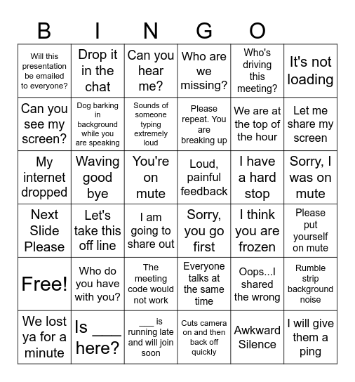 Phrases Heard In Virtual Meetings Bingo Card