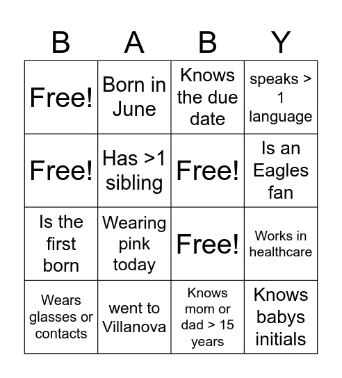 Baby Shower Bingo Card