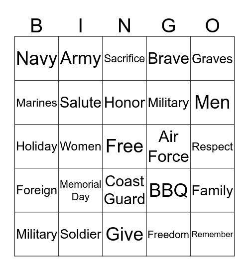 Memorial Day Bingo Card