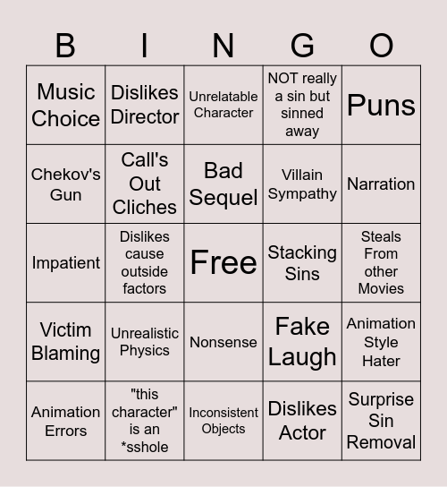 Cinemasins Bingo Card