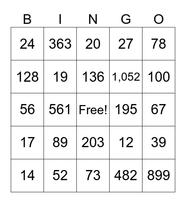 Place Value Bingo Card