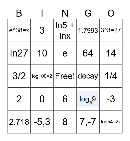 Exponential and Log Equations Bingo Card