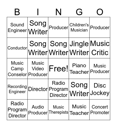 Careers in music bingo Card
