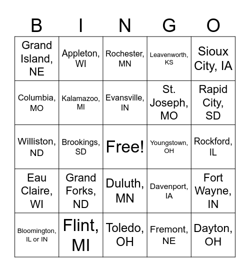 Midwest Undercard Cities Bingo Card