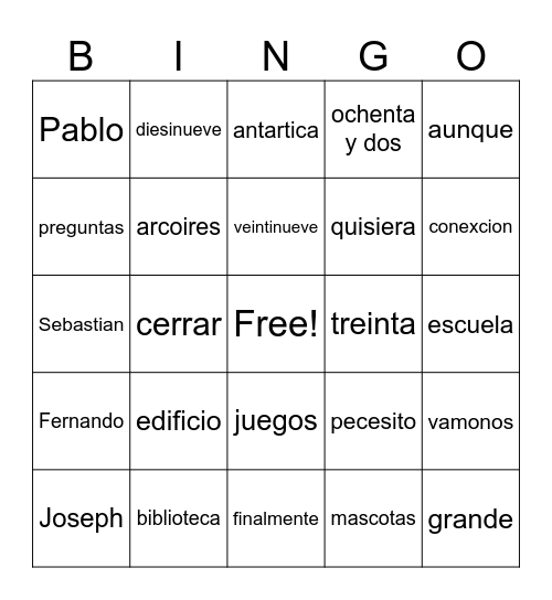# y Palabras Bingo Card