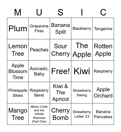 BTB Music Bingo - Round 1 - Songs about Fruit Bingo Card