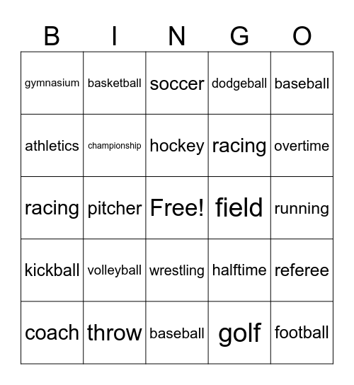 Spelling Bingo: SPORTS Bingo Card