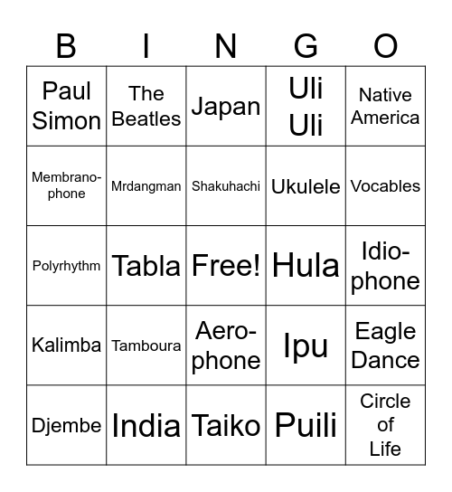 World Music Bingo Card