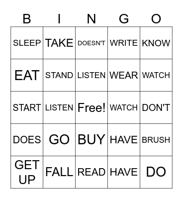 Verbs/Do/Does/Don't/Doesn't Bingo Card