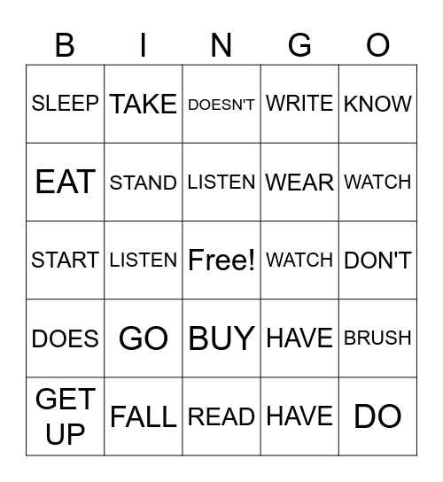 Verbs/Do/Does/Don't/Doesn't Bingo Card