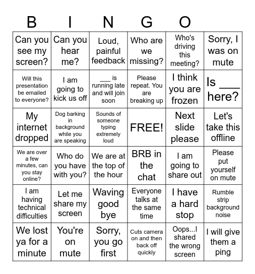 Phrases Heard In Virtual Meetings Bingo Card