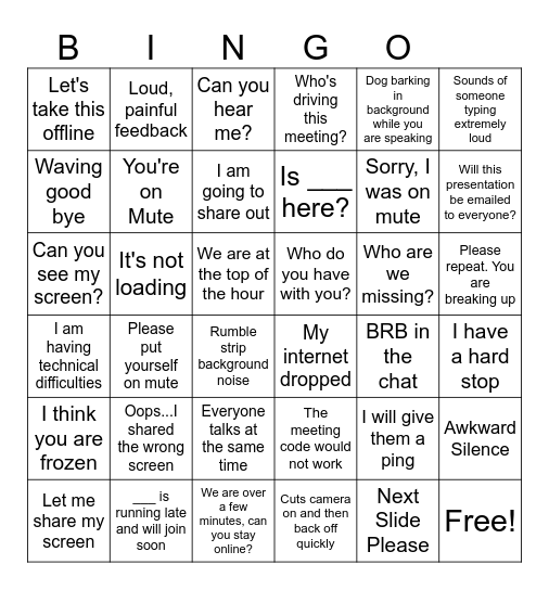 Phrases Heard In Virtual Meetings Bingo Card