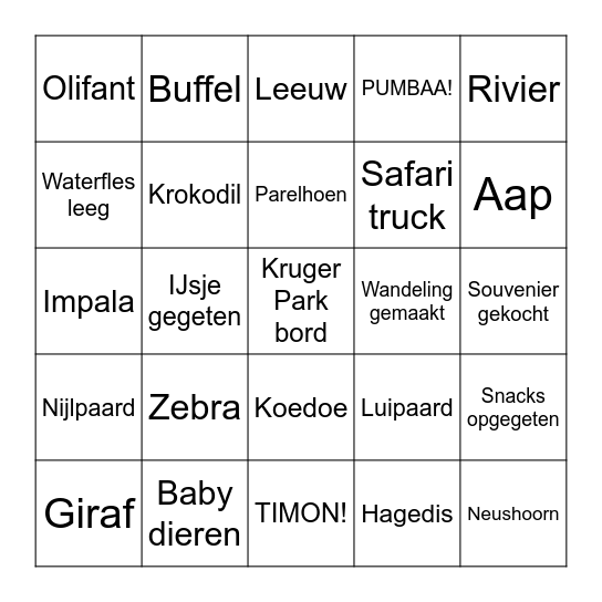 Kruger Park Bingo Card