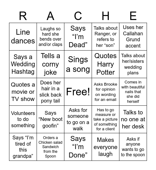 Rachel Bingo Card