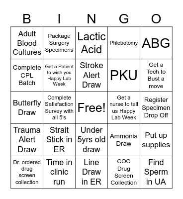 Phlebotomy Bingo Card