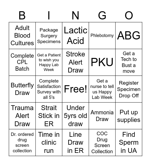 Phlebotomy Bingo Card