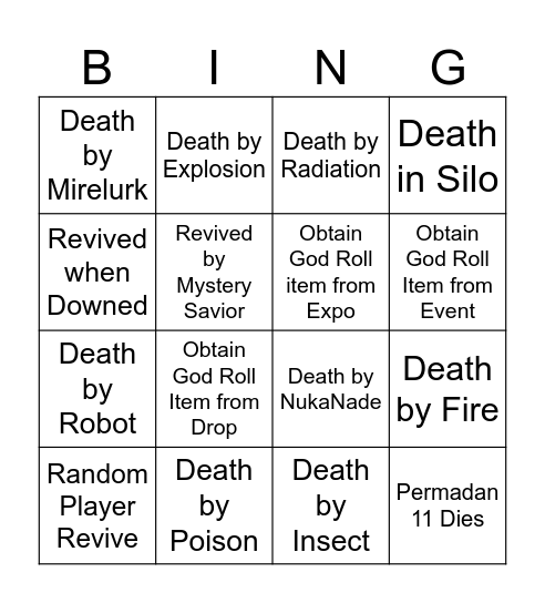 Perma Death Bingo Fallout 76 Bingo Card