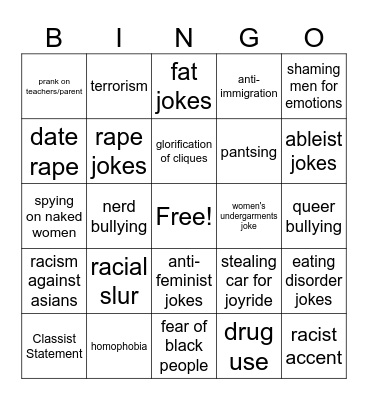 Problematic 80's Movie Bingo Card