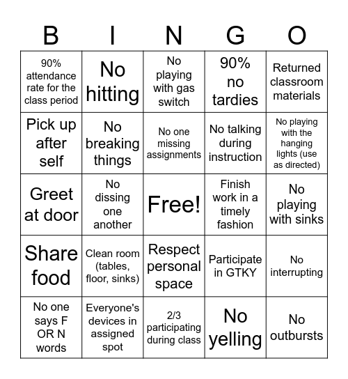 6th 6 weeks Classroom Behavior BINGO Card