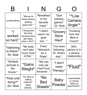 My 600lb Life Bingo Card