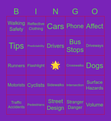 Street Safety Bingo Card